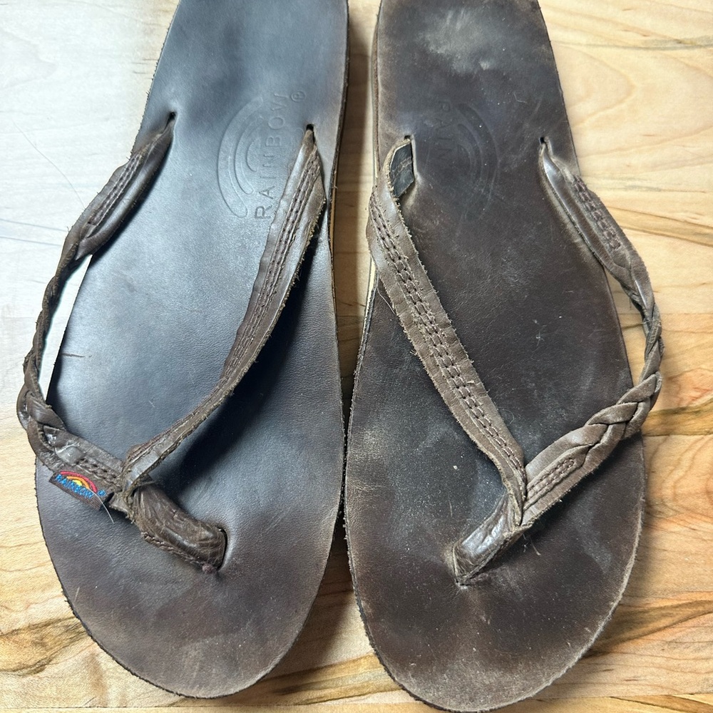 Rainbow Leather Flip Flops in Dark Brown